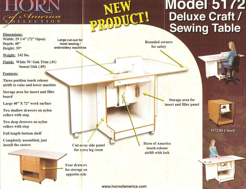 Horn sewing machine cabinets, lifts, storage, and sewing furniture.