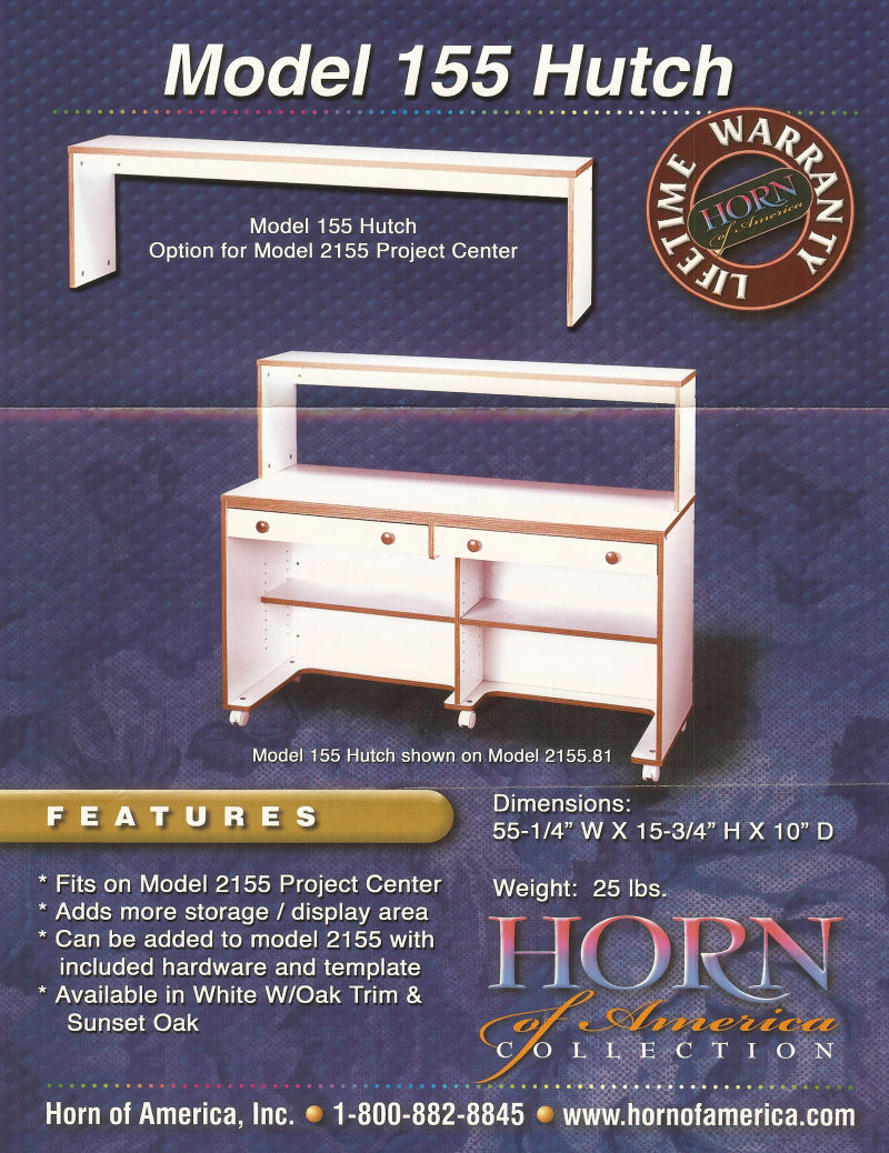 Horn sewing machine cabinets, tables, storage, and sewing furniture.