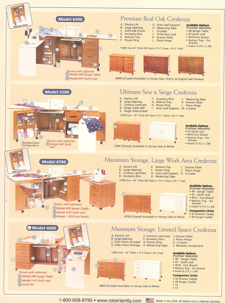 Roberts Sewing Machine cabinets and sewing furniture.