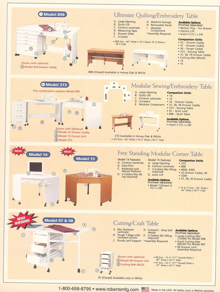 Sewing machine cabinets and sewing furniture by Robers.